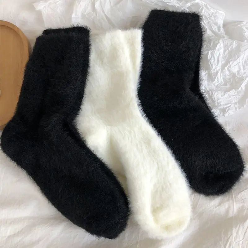 Mink Plush Black White Socks for Women Winter Thicken Fluffy Warm Middle Tube Socks Girl Home Thermal Floor Socks