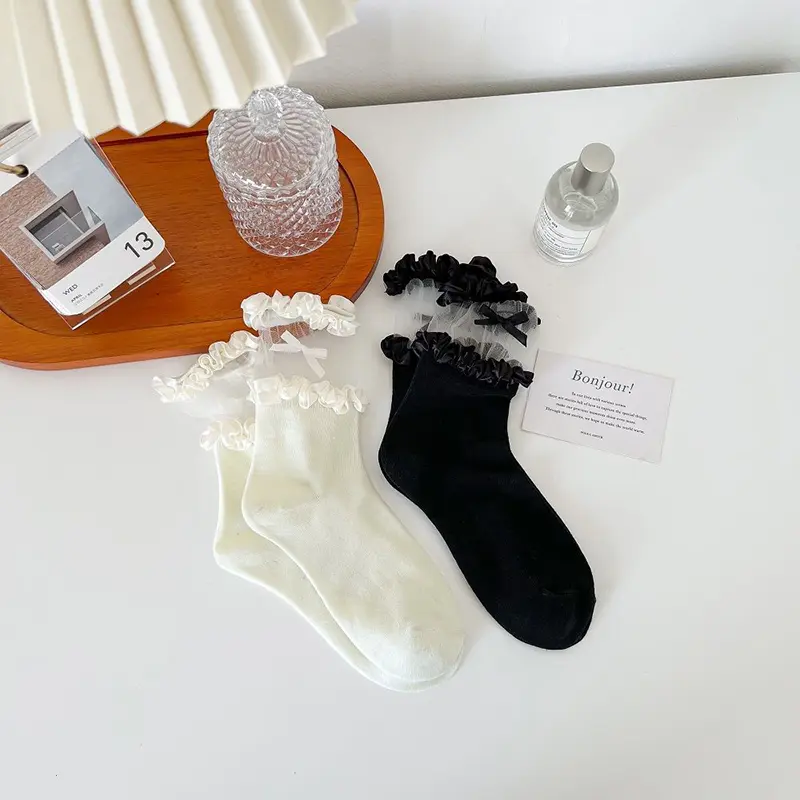 Lace Bow Ruffle Socks for Women Summer Cotton Thin Breathable Middle Tube Socks JK Lolita Girl Solid Color Mesh Socks