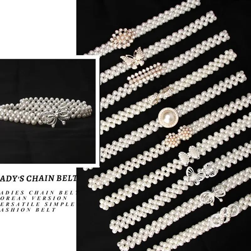 Shiny Pearl Waist Chain for Women Lady Dress Coat Decorative Girdles Straps Korean Elastic Thin Belt Waistband Fashion Accessory