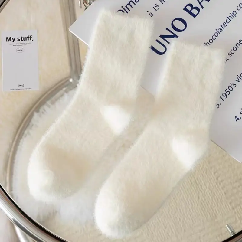 Mink Plush Black White Socks for Women Winter Thicken Fluffy Warm Middle Tube Socks Girl Home Thermal Floor Socks