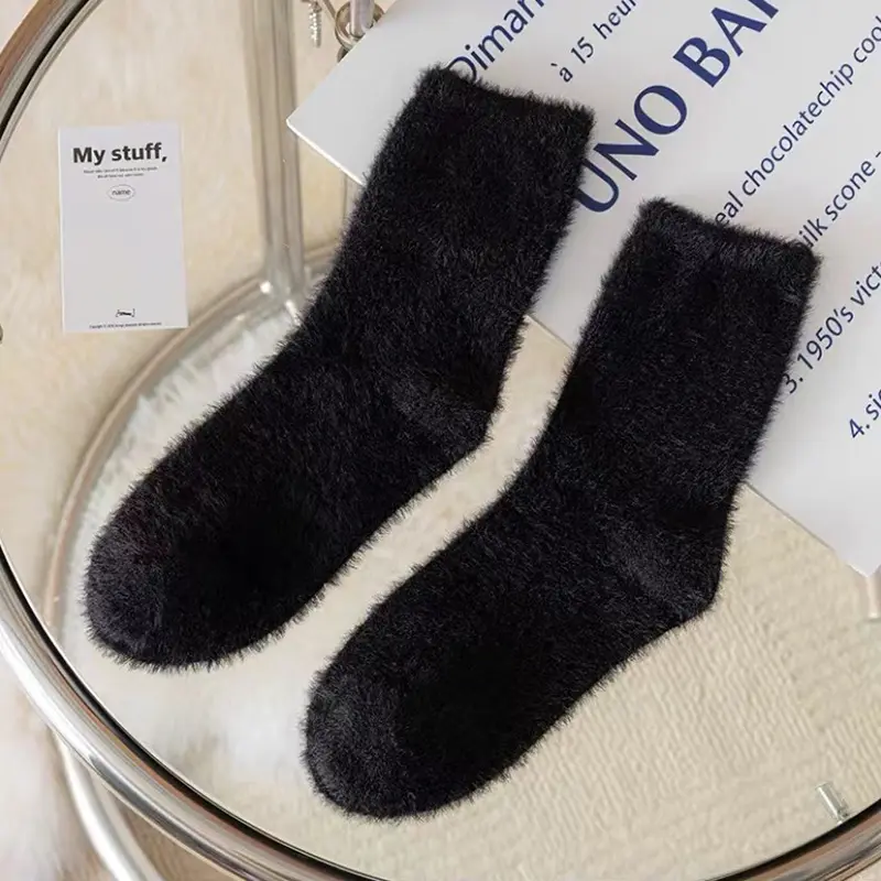 Mink Plush Black White Socks for Women Winter Thicken Fluffy Warm Middle Tube Socks Girl Home Thermal Floor Socks