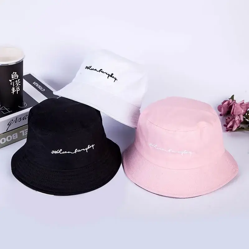Fashion Embroidery Letter Fisherman Caps for Women Solid Color Foldable Panama Bucket Hats Outdoor Lady Beach Sunshade Basin Cap