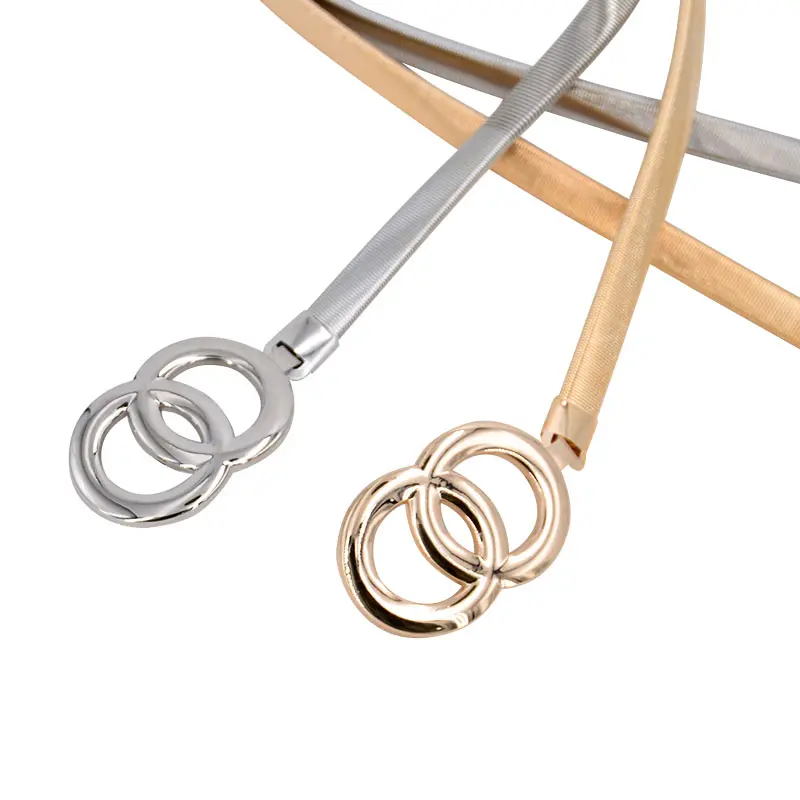 Double Ring Chain Belt Gold Silver Stretch Elastic Belts For Women Waist Belt Metal Plate Thin Ladies Dress Waistband