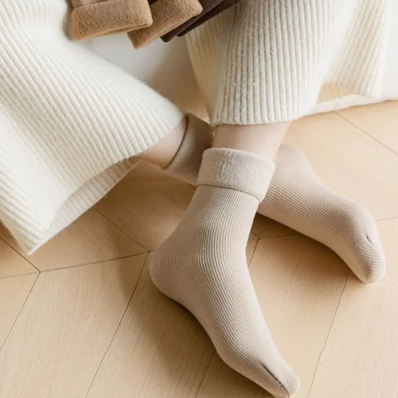Winter Women Velvet Warm Socks Solid Color Thick Soft Plush Middle Tube Socks Home Girl Sleeping Floor Socks