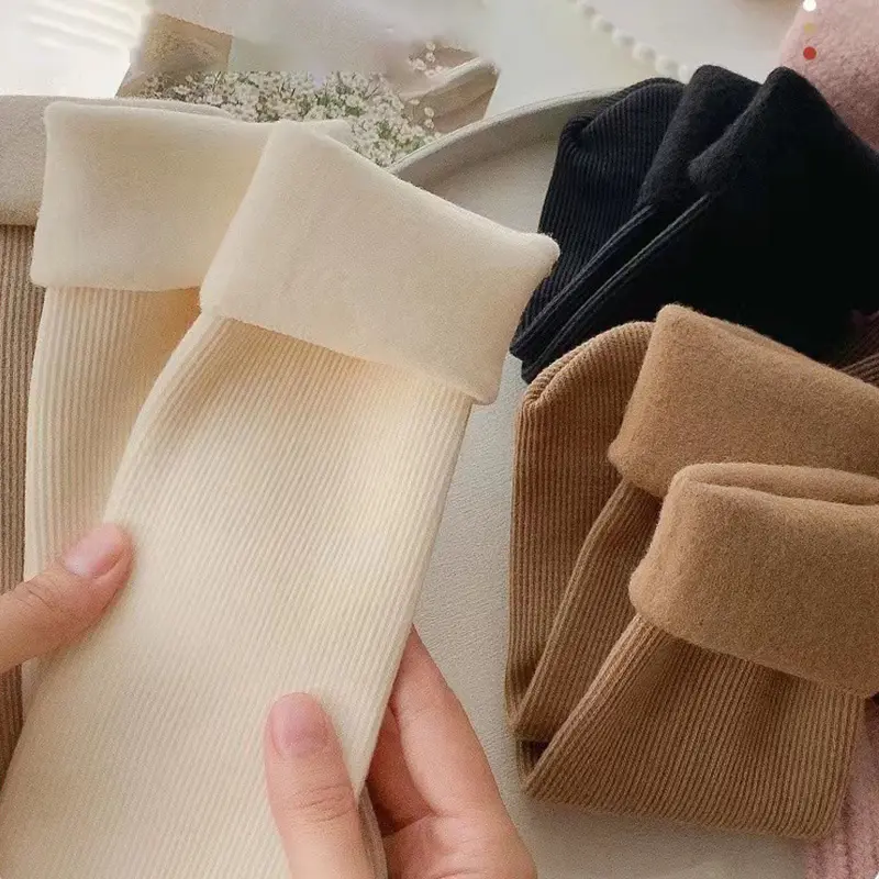Winter Women Velvet Warm Socks Solid Color Thick Soft Plush Middle Tube Socks Home Girl Sleeping Floor Socks
