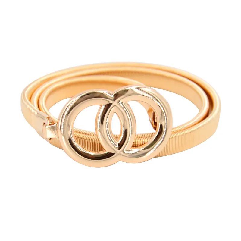 Double Ring Chain Belt Gold Silver Stretch Elastic Belts For Women Waist Belt Metal Plate Thin Ladies Dress Waistband