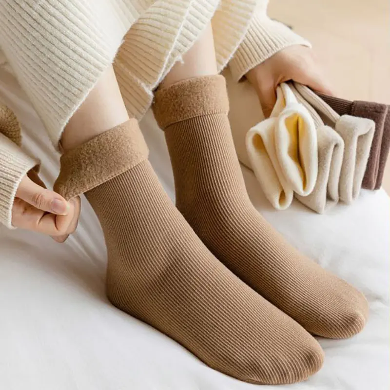 Winter Women Velvet Warm Socks Solid Color Thick Soft Plush Middle Tube Socks Home Girl Sleeping Floor Socks