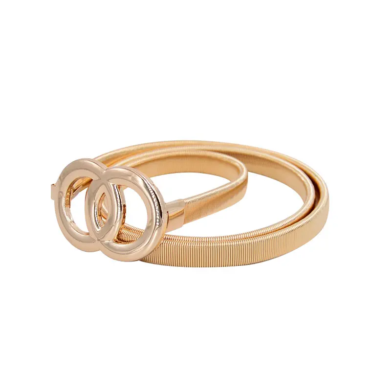 Double Ring Chain Belt Gold Silver Stretch Elastic Belts For Women Waist Belt Metal Plate Thin Ladies Dress Waistband