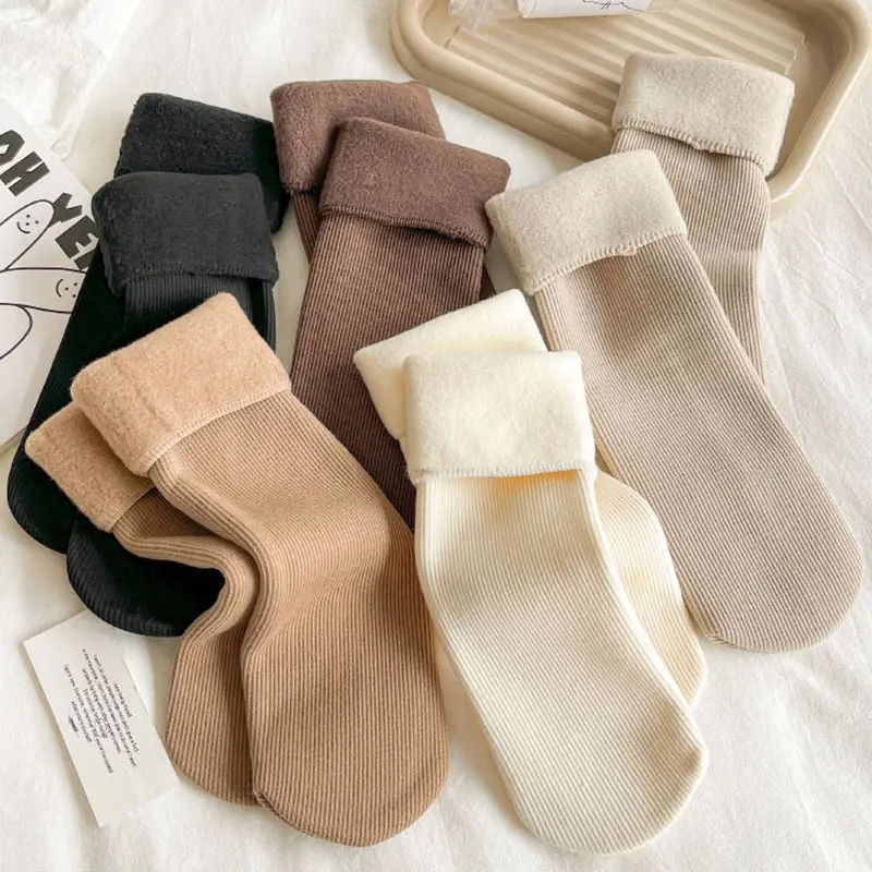 Winter Women Velvet Warm Socks Solid Color Thick Soft Plush Middle Tube Socks Home Girl Sleeping Floor Socks