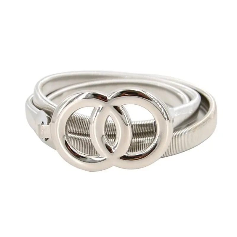 Double Ring Chain Belt Gold Silver Stretch Elastic Belts For Women Waist Belt Metal Plate Thin Ladies Dress Waistband