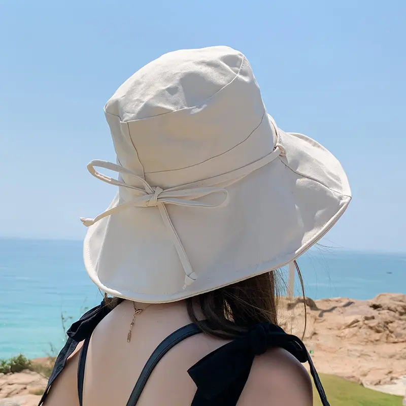 2023 Summer New Women Bucket Hat Solid Color Bows Soft Cotton Outdoor Sun Hats Beach Panama Caps Wide Brim Fishermen Hats