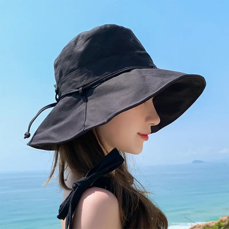 2023 Summer New Women Bucket Hat Solid Color Bows Soft Cotton Outdoor Sun Hats Beach Panama Caps Wide Brim Fishermen Hats