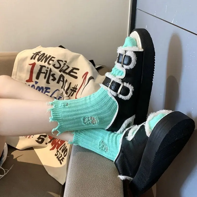Fashion Holes Socks for Women Spring Autumn Solid Color Cotton Middle Tube Socks Harajuku Girl Knitting Street Stocking