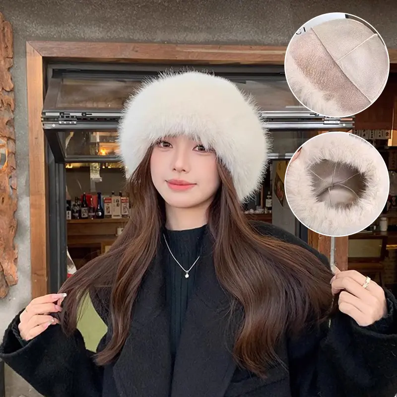 Winter Thick Plush Bucket Hats Women Solid Color Fluffy Faux Fur Warm Fisherman Caps Lady Outdoor Anti-Cold Basin Caps