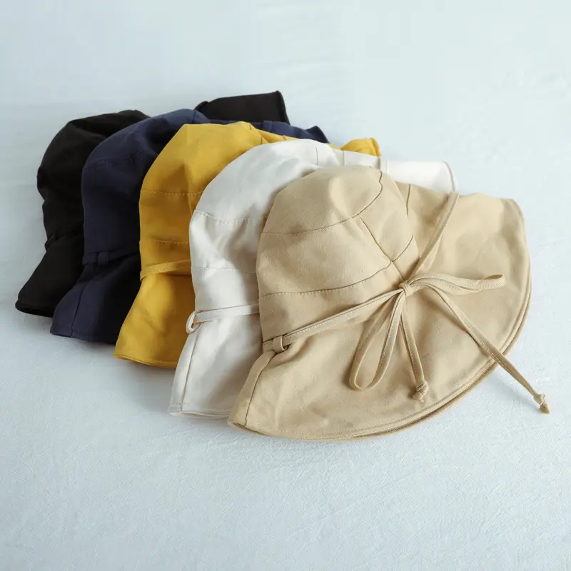 2023 Summer New Women Bucket Hat Solid Color Bows Soft Cotton Outdoor Sun Hats Beach Panama Caps Wide Brim Fishermen Hats