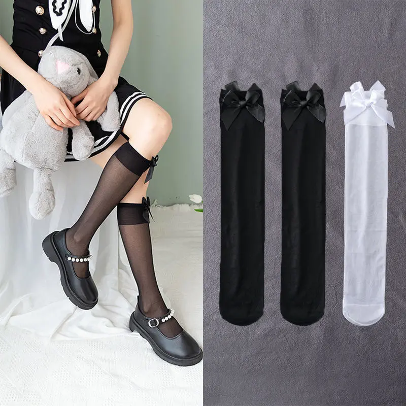 JK Korean Lace Ruffle Long Tube Sock Summer Mesh Thin Black White Girl Knee High Socks Sweet Bow Female Calf Stockings Underwear