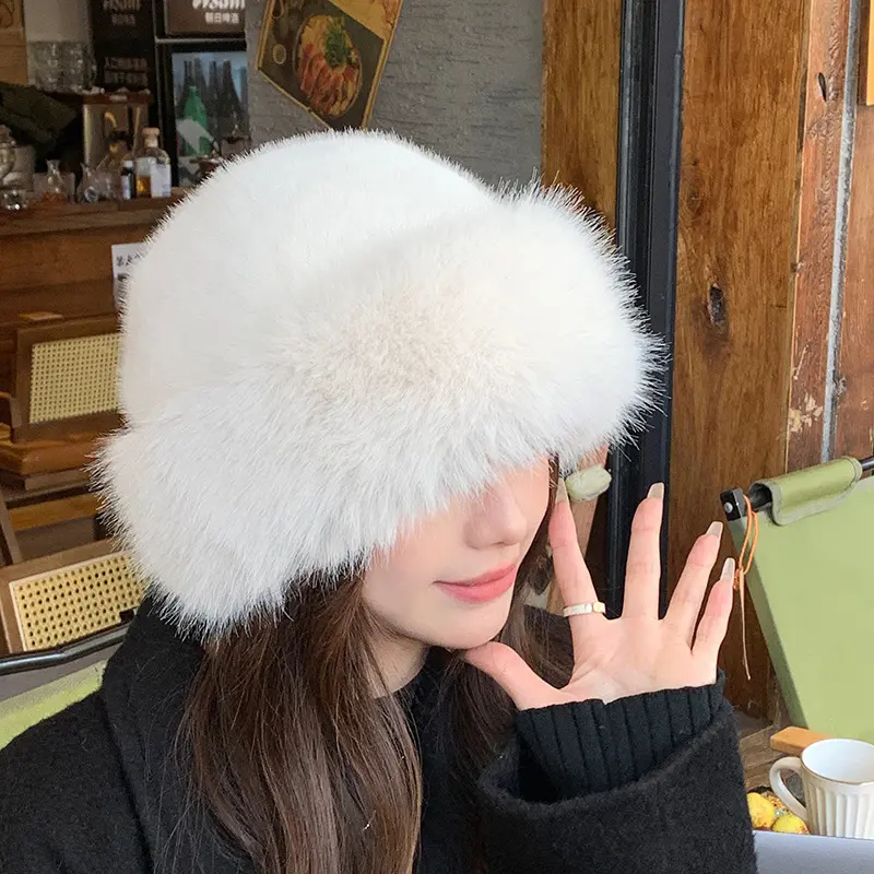 Winter Thick Plush Bucket Hats Women Solid Color Fluffy Faux Fur Warm Fisherman Caps Lady Outdoor Anti-Cold Basin Caps