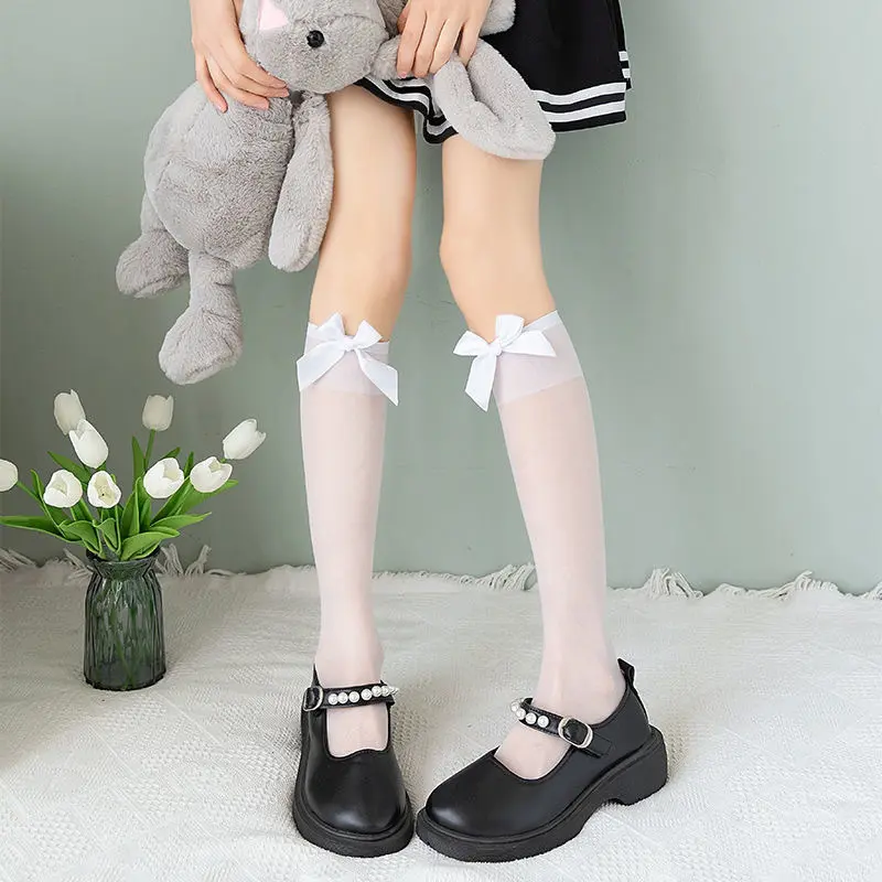 JK Korean Lace Ruffle Long Tube Sock Summer Mesh Thin Black White Girl Knee High Socks Sweet Bow Female Calf Stockings Underwear