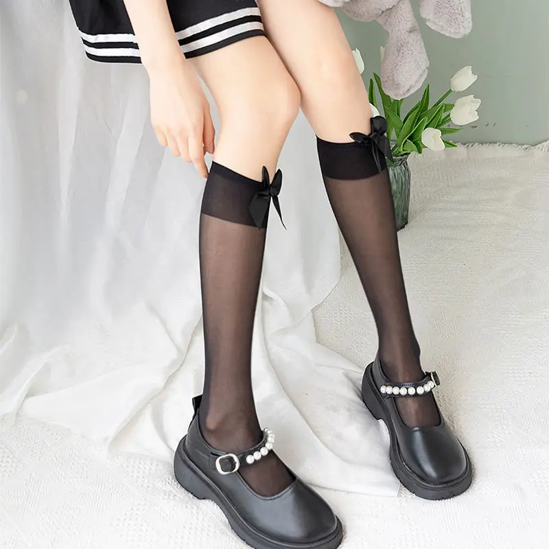 JK Korean Lace Ruffle Long Tube Sock Summer Mesh Thin Black White Girl Knee High Socks Sweet Bow Female Calf Stockings Underwear