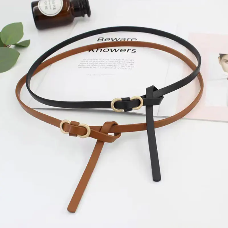 Fashion PU Leather Thin Belts for Women Metal Buckle Knotted Waistband Lady Girl Dress Pants Decorative Straps Girdle