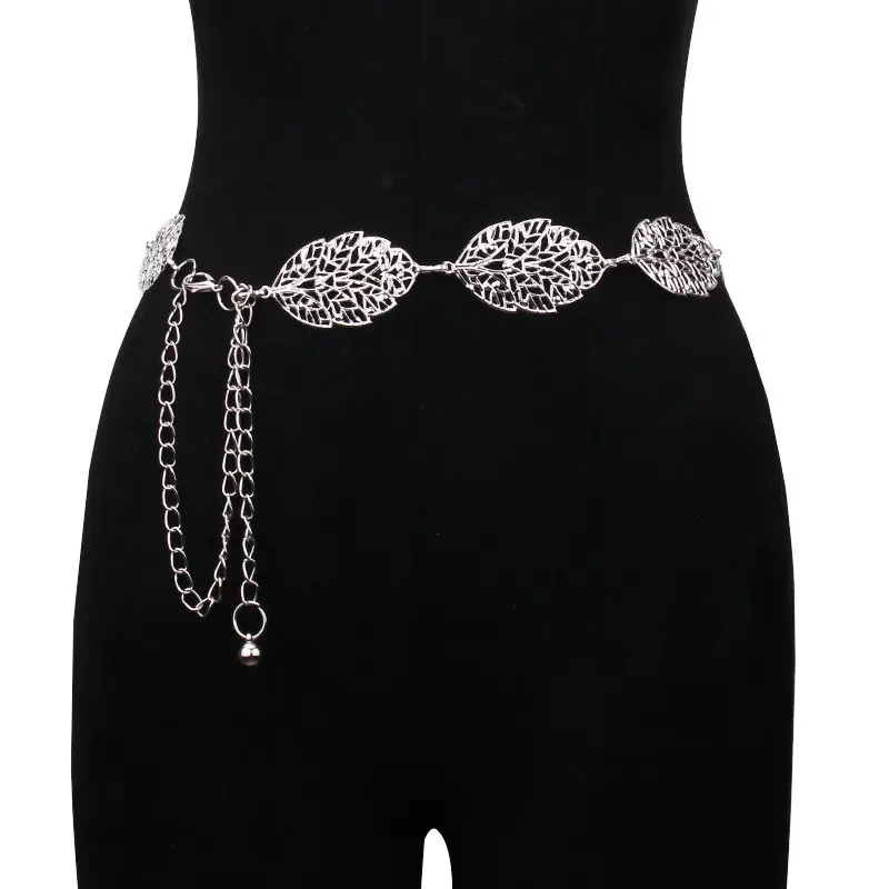 Metal Leaf Shape Chain Belt Women Elegant Gold Silver Hollowed Out Leaves Decorative Belts Boho Dress Decorative Lady Waistband