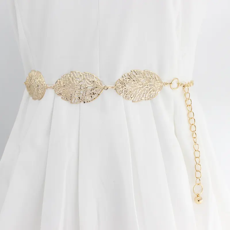 Metal Leaf Shape Chain Belt Women Elegant Gold Silver Hollowed Out Leaves Decorative Belts Boho Dress Decorative Lady Waistband