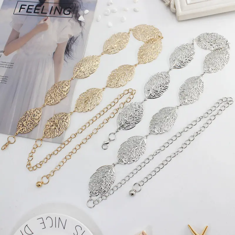 Metal Leaf Shape Chain Belt Women Elegant Gold Silver Hollowed Out Leaves Decorative Belts Boho Dress Decorative Lady Waistband