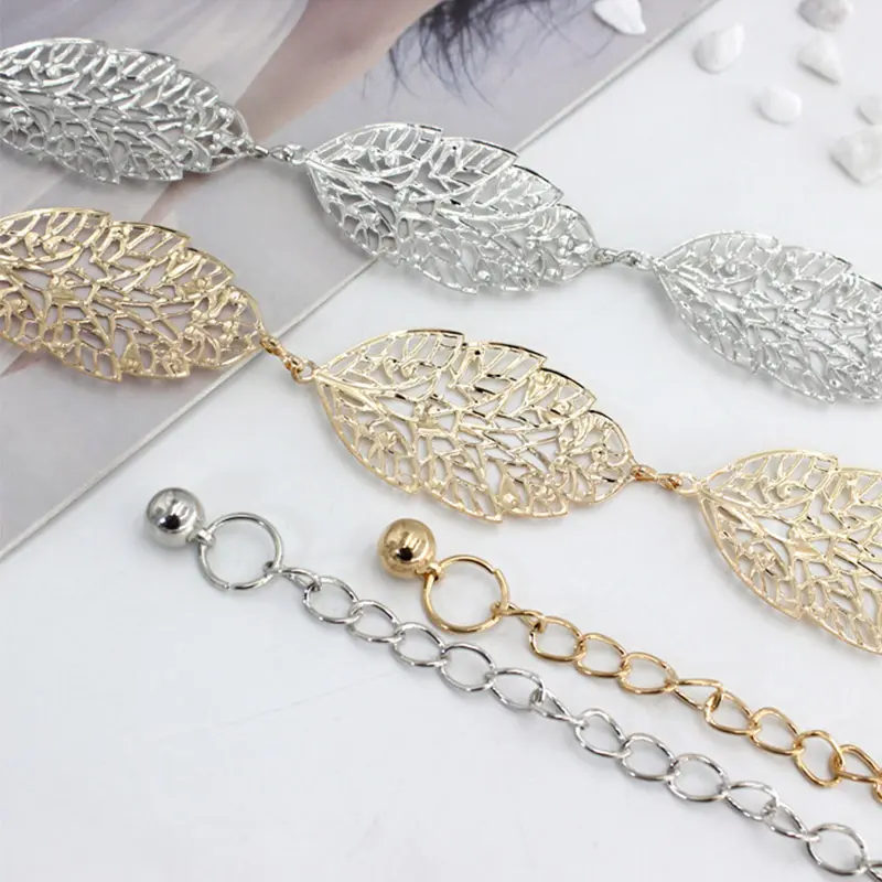 Metal Leaf Shape Chain Belt Women Elegant Gold Silver Hollowed Out Leaves Decorative Belts Boho Dress Decorative Lady Waistband