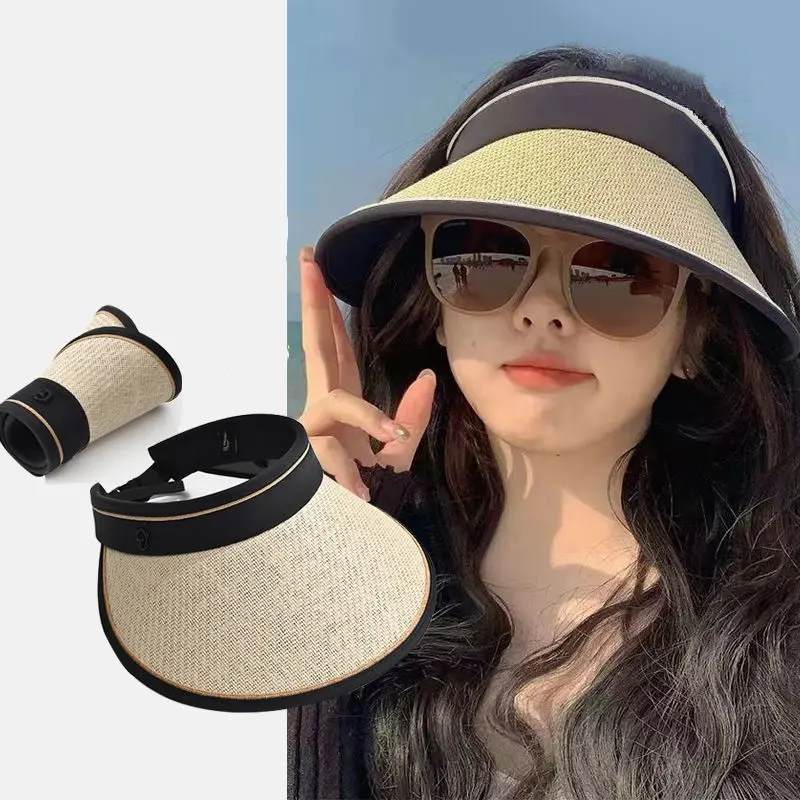 Wide Brim Summer Straw Hats for Women Foldable Outdoor Travel Beach UV Protection Sun Hats Korean Girl Empty Top Ponytail Caps
