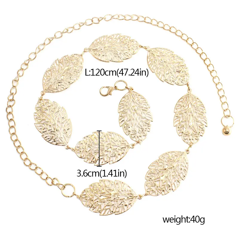 Metal Leaf Shape Chain Belt Women Elegant Gold Silver Hollowed Out Leaves Decorative Belts Boho Dress Decorative Lady Waistband