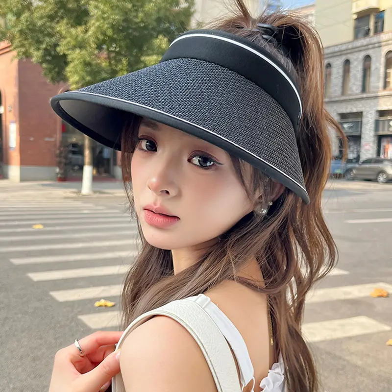 Wide Brim Summer Straw Hats for Women Foldable Outdoor Travel Beach UV Protection Sun Hats Korean Girl Empty Top Ponytail Caps