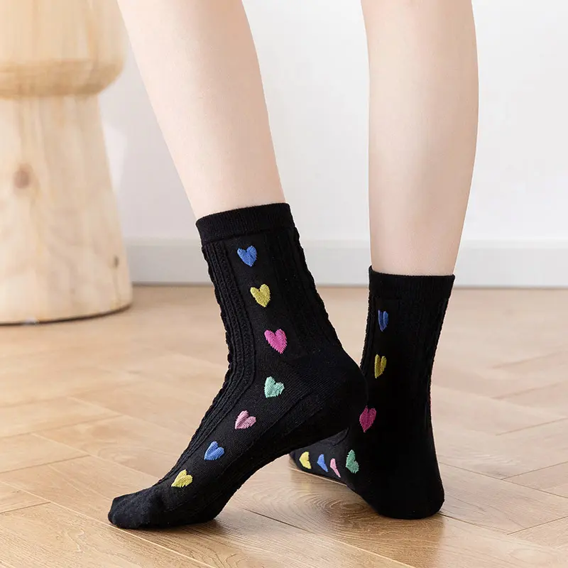 Colorful Heart Embroidery Socks for Women Spring Autumn Soft Cotton Middle Tube Socks Harajuku Girl Black Socks