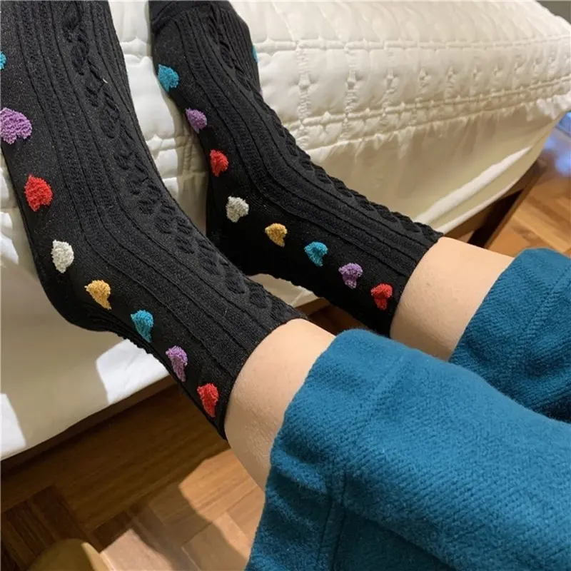 Colorful Heart Embroidery Socks for Women Spring Autumn Soft Cotton Middle Tube Socks Harajuku Girl Black Socks