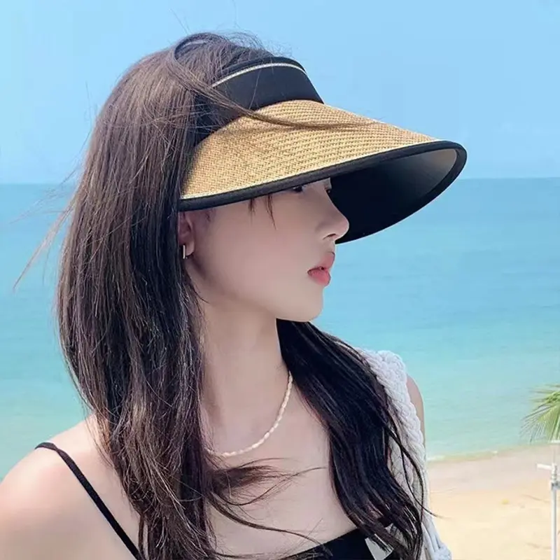 Wide Brim Summer Straw Hats for Women Foldable Outdoor Travel Beach UV Protection Sun Hats Korean Girl Empty Top Ponytail Caps