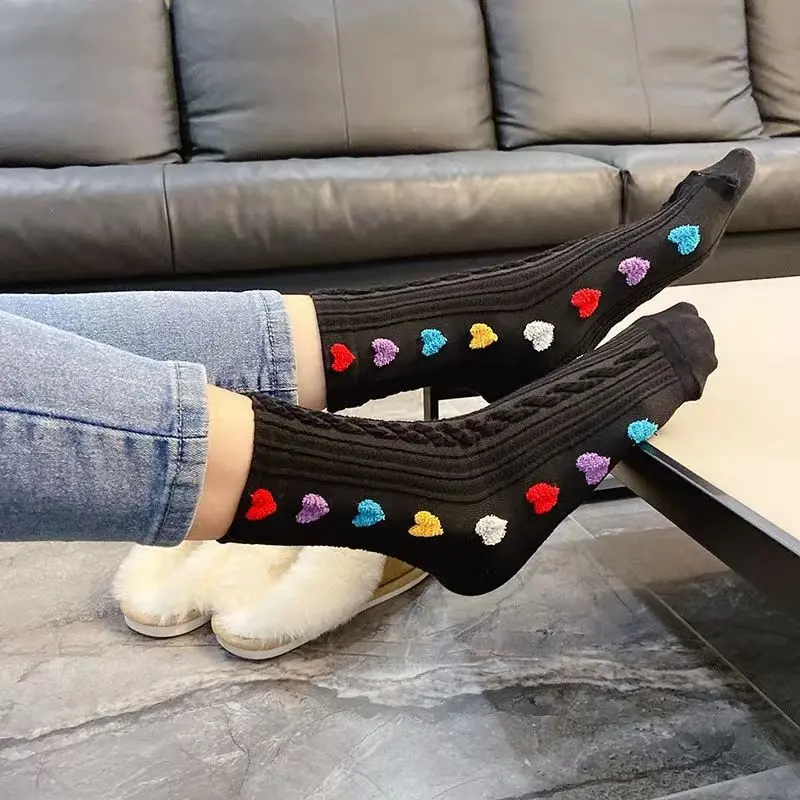 Colorful Heart Embroidery Socks for Women Spring Autumn Soft Cotton Middle Tube Socks Harajuku Girl Black Socks