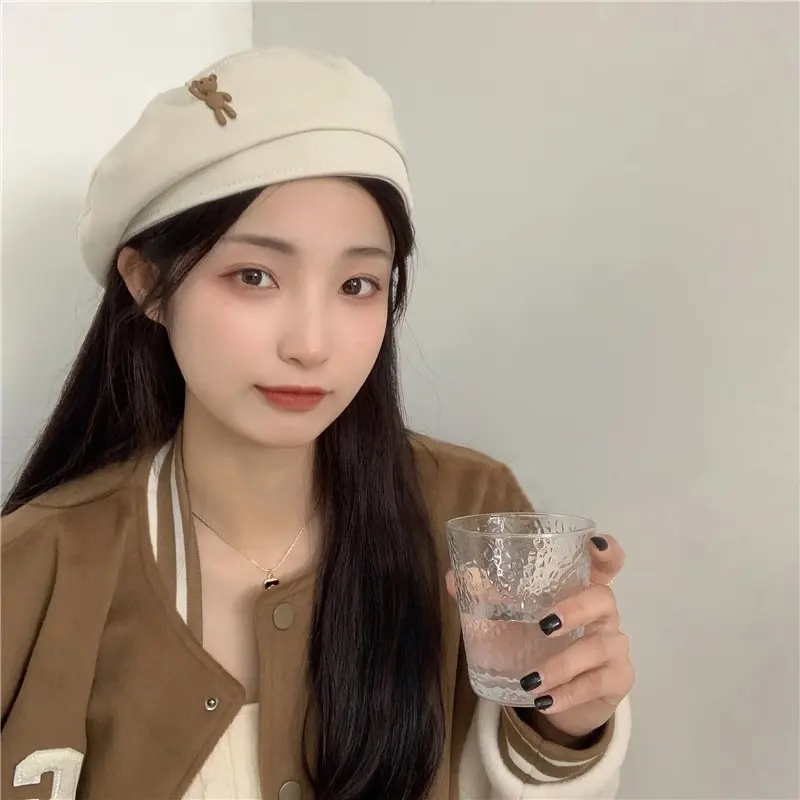 Cute Bear Women Beret Hats Retro Solid Color Cloud Octagonal Hats Korean Girl Artist Painter Caps