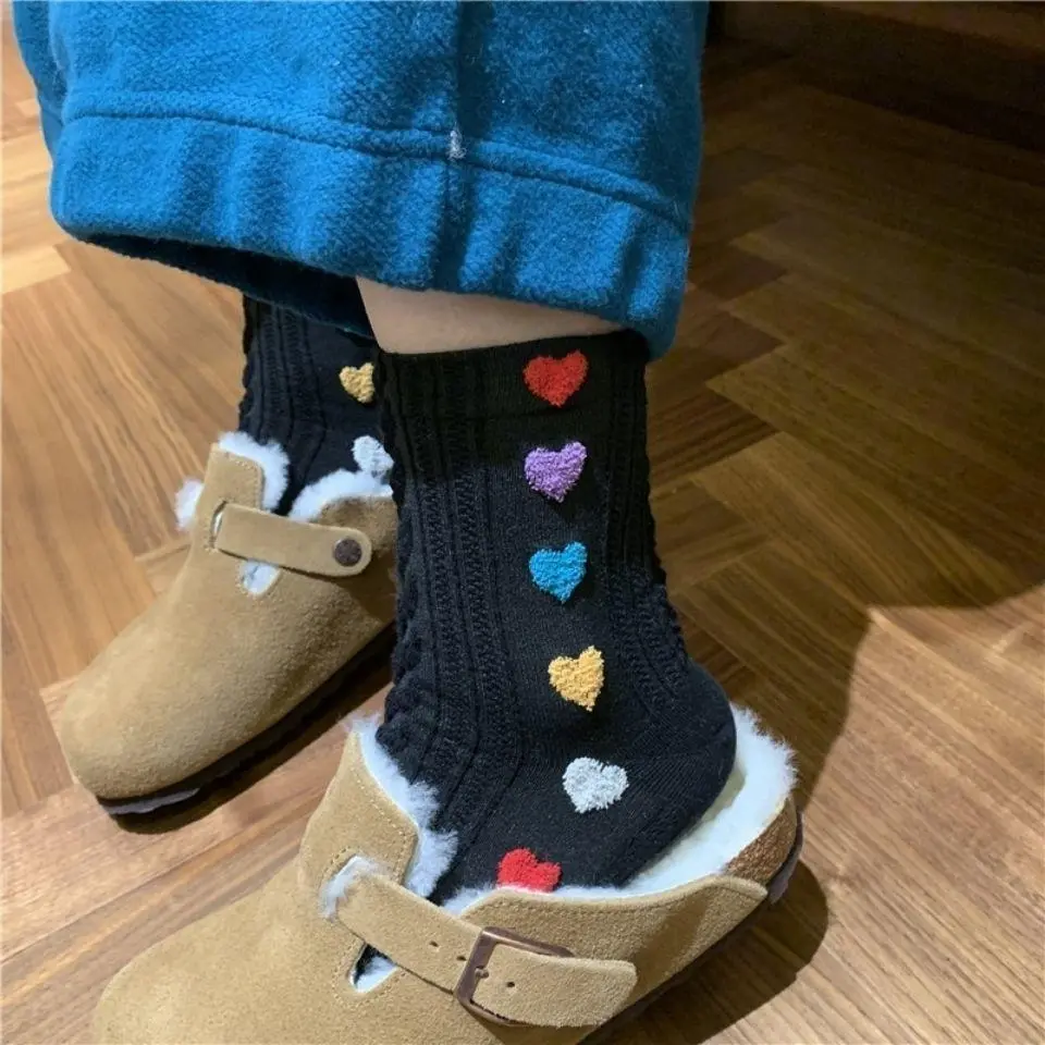 Colorful Heart Embroidery Socks for Women Spring Autumn Soft Cotton Middle Tube Socks Harajuku Girl Black Socks