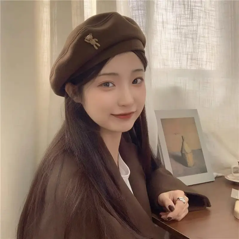 Cute Bear Women Beret Hats Retro Solid Color Cloud Octagonal Hats Korean Girl Artist Painter Caps