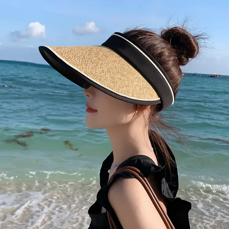 Wide Brim Summer Straw Hats for Women Foldable Outdoor Travel Beach UV Protection Sun Hats Korean Girl Empty Top Ponytail Caps