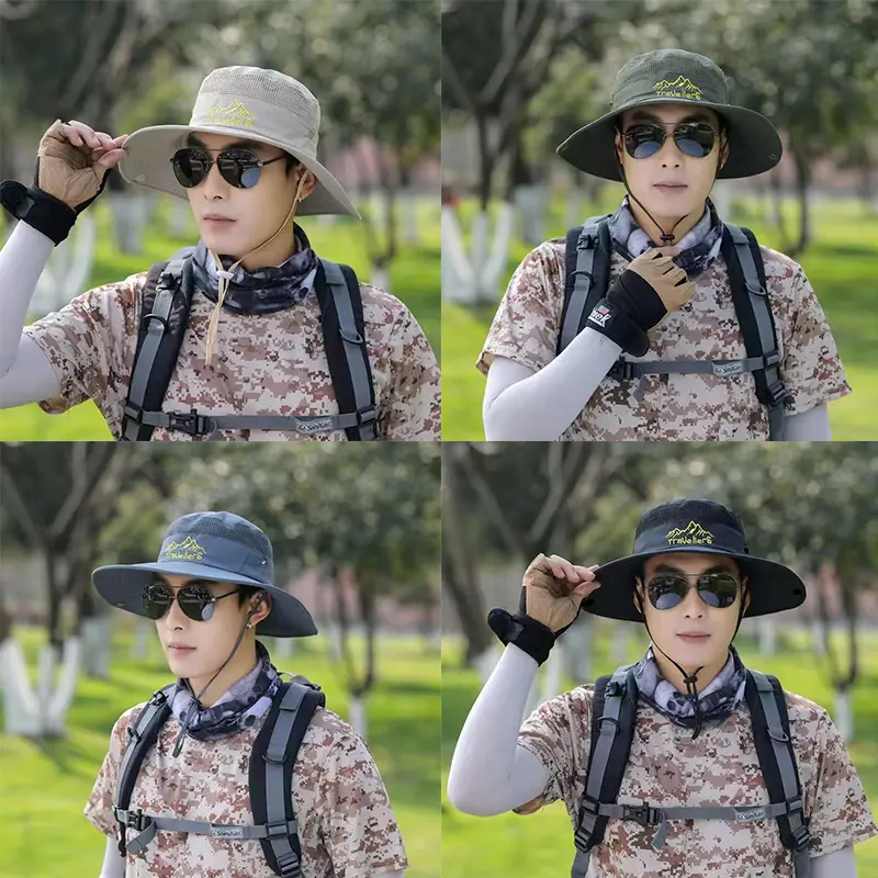 Summer Mesh Fisherman Caps for Men Large Brim Outdoor Hunting Hiking Sunscreen Hats Fashion Camouflage Male Sun Visors