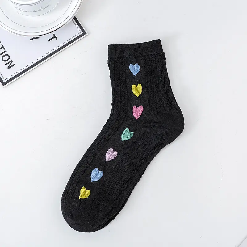 Colorful Heart Embroidery Socks for Women Spring Autumn Soft Cotton Middle Tube Socks Harajuku Girl Black Socks