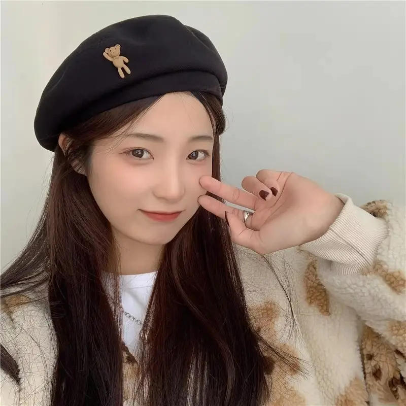 Cute Bear Women Beret Hats Retro Solid Color Cloud Octagonal Hats Korean Girl Artist Painter Caps