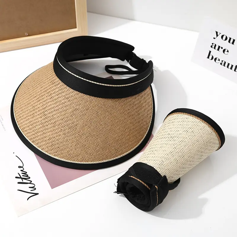 Wide Brim Summer Straw Hats for Women Foldable Outdoor Travel Beach UV Protection Sun Hats Korean Girl Empty Top Ponytail Caps