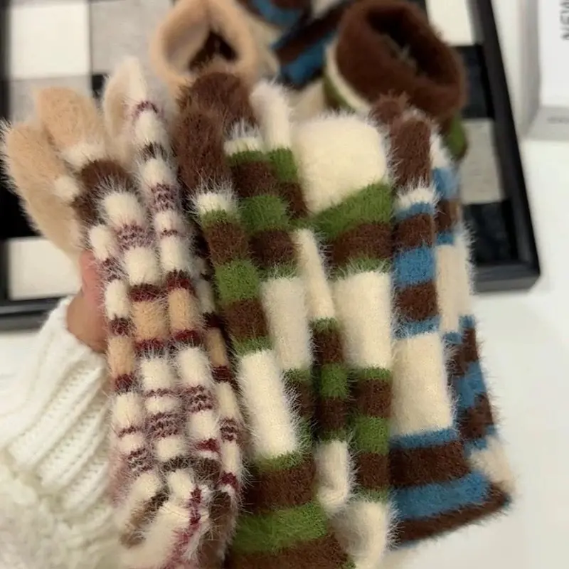 Winter Thick Stripped Socks for Women Mink Fur Anti-Cold Warm Middle Tube Socks Harajuku Casual Indoor Floor Socks