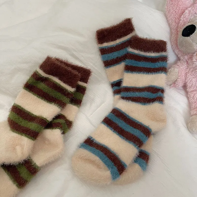 Winter Thick Stripped Socks for Women Mink Fur Anti-Cold Warm Middle Tube Socks Harajuku Casual Indoor Floor Socks