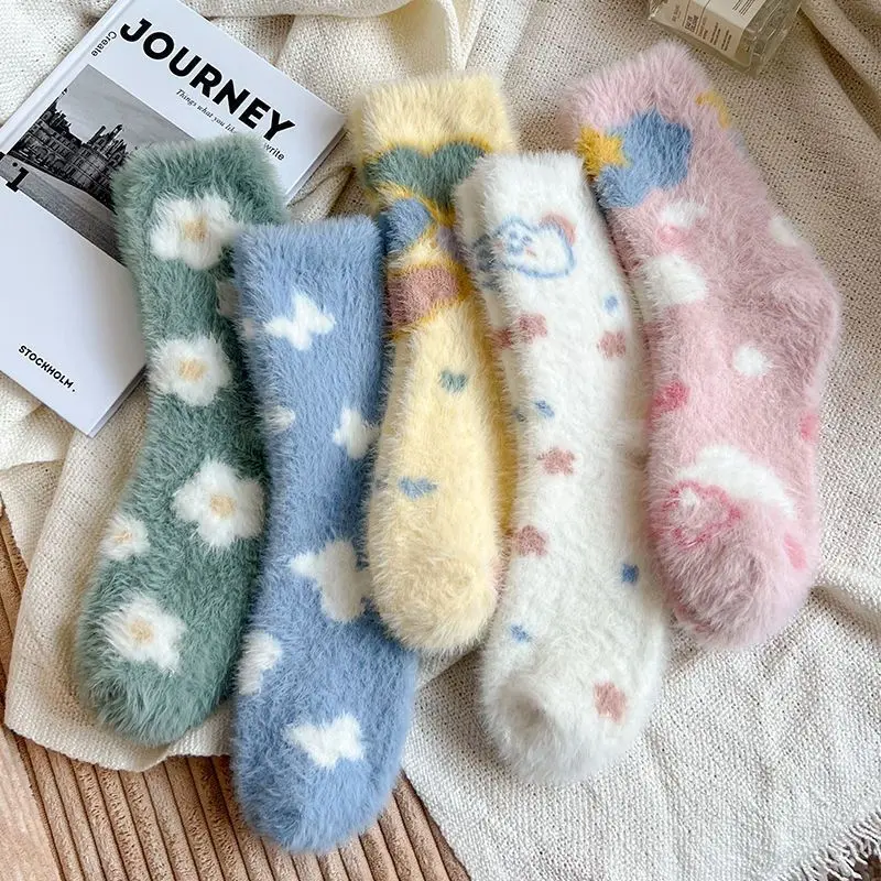 New Soft Plush Socks For Women Cartoon Cloud Flower Butterfly Winter Mink Velvet Warm Middle Tube Socks Girls Indoor Floor Sock