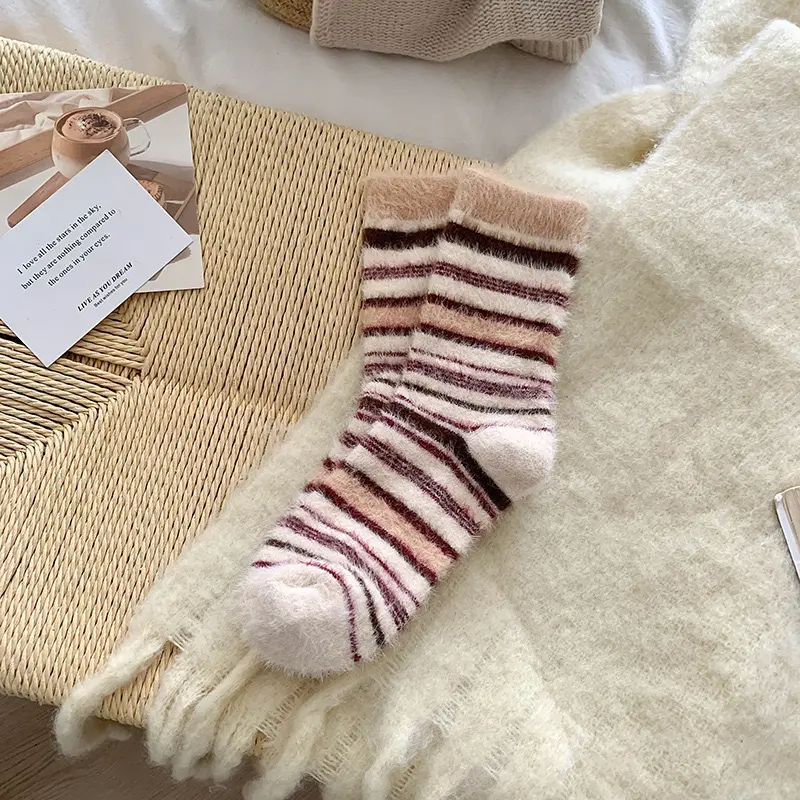 Winter Thick Stripped Socks for Women Mink Fur Anti-Cold Warm Middle Tube Socks Harajuku Casual Indoor Floor Socks