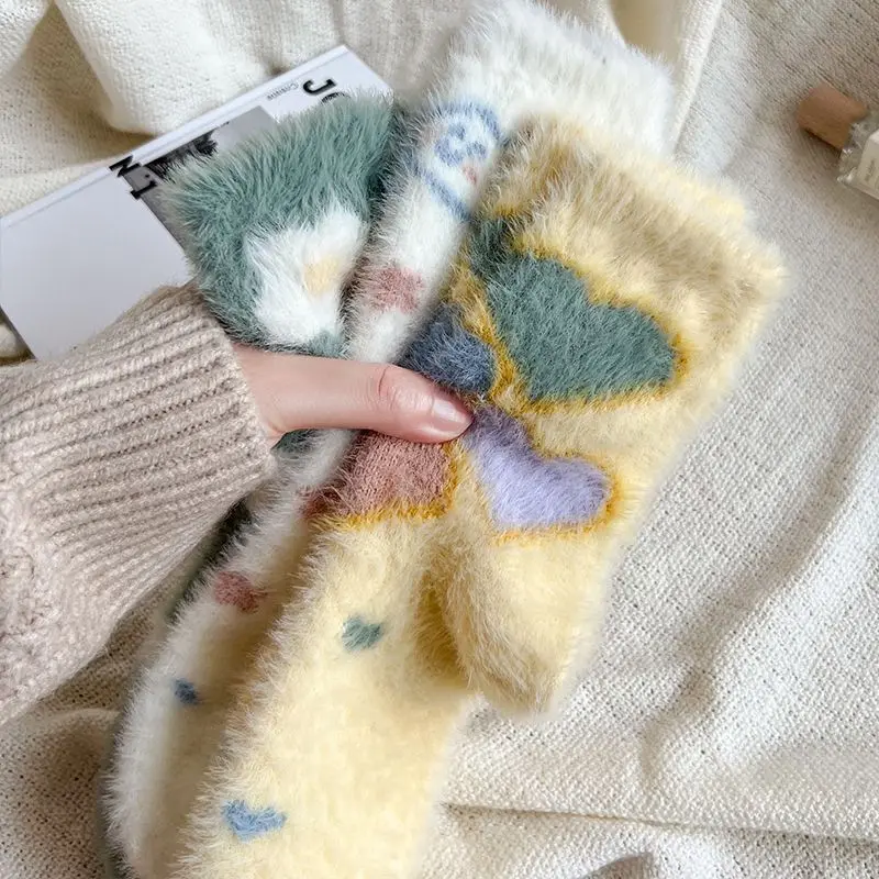 New Soft Plush Socks For Women Cartoon Cloud Flower Butterfly Winter Mink Velvet Warm Middle Tube Socks Girls Indoor Floor Sock