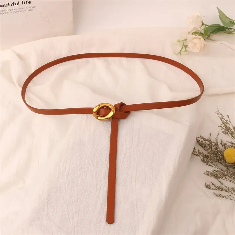 Fashion Knotted Belts for Women Metal Buckle PU Leather Thin Waistband Lady Dress Coat Decorative Straps Girdle