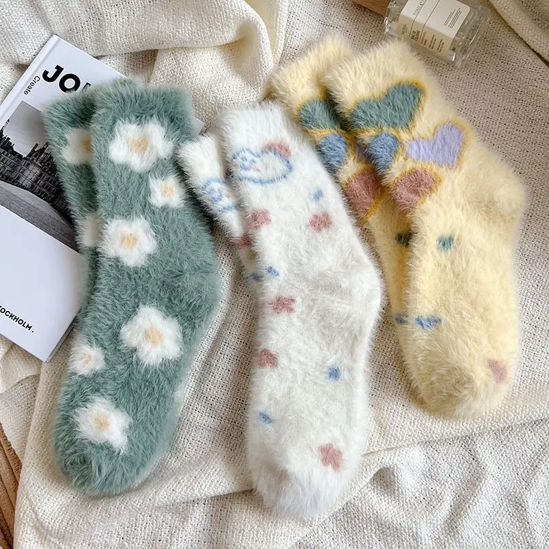 New Soft Plush Socks For Women Cartoon Cloud Flower Butterfly Winter Mink Velvet Warm Middle Tube Socks Girls Indoor Floor Sock
